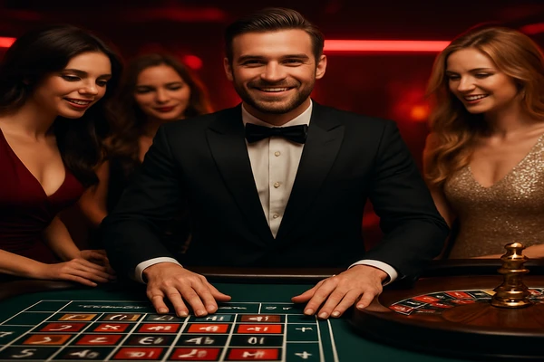8999bet–এ একজন পুরুষ অনলাইন গেমে জয় উদযাপন করছেন, চারপাশে গেমিং প্রতীক ভাসছে